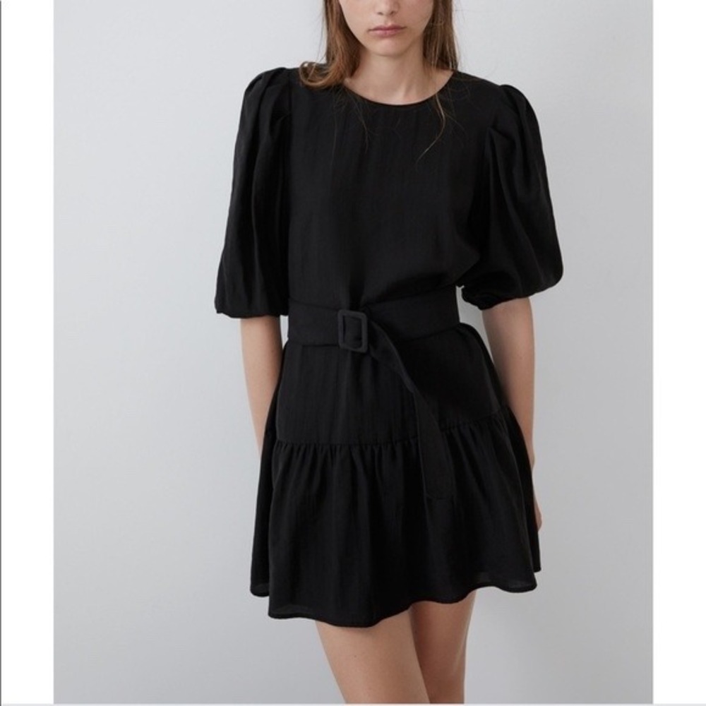 Zara Womens Black Puff Sleeve Belted Mini Dress Tiered Ruffle Hem Size S